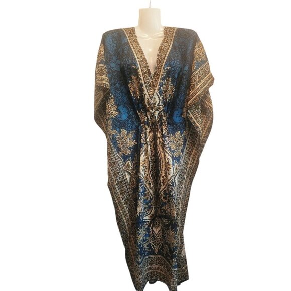 Bohemian Kaftan Maxi Dress  Deep Blue & Gold Floral Print V-Neck Adjustable Wais - Picture 1 of 8